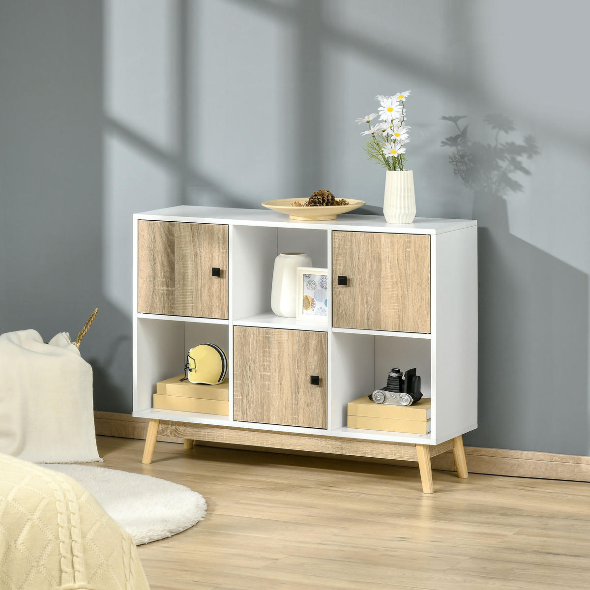 SIDEBOARD DE-11014 9 Würfel mit 3 Türen Weiß/Naturholz - Naturfarben, Holzwerkstoff (96/75/30cm) - ComfortXL