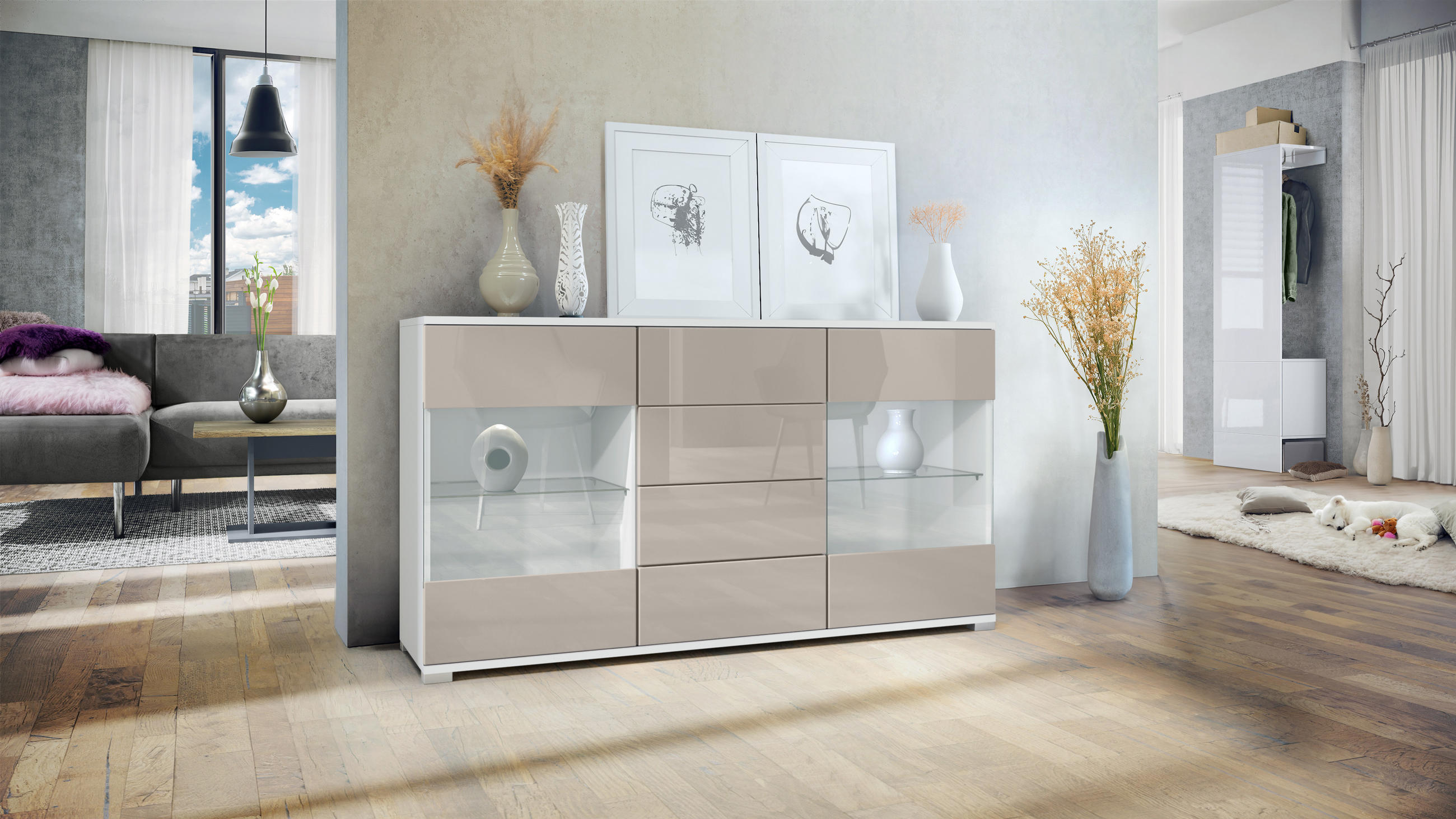 SIDEBOARD Bari Sandgrau Hochglanz - Sandfarben, Holzwerkstoff (138.5/75.5/35cm) - Vladon