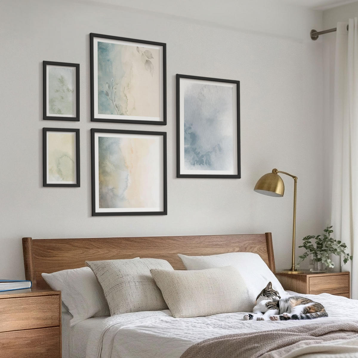 BILDER SET 5er Set - 50x50 cm & 20x30 cm & 40x60 cm Schwarzer Rahmen - Pastellfarbene Aquarell-Leinwandtextur - Schwarz, Kunststoff (40/60cm) - TULUP