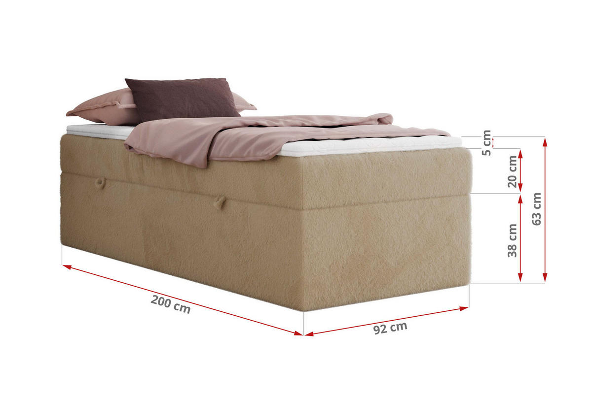 BOXBETT ZERO 90/200 - Beige Plüsch - H4 - Topper Visco - Beige, Textil (90/200cm) - MKS