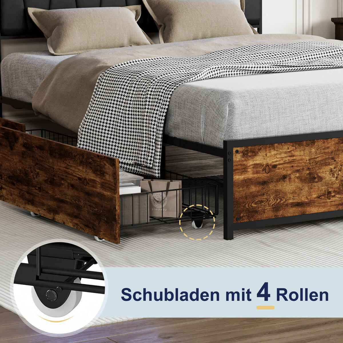 POLSTERBETT 140x200 cm, 4 Stauraumschubladen, LED-Leiste, Doppel-USB, in Braun - Braun, Holz (140/200cm) - BRILVERDE