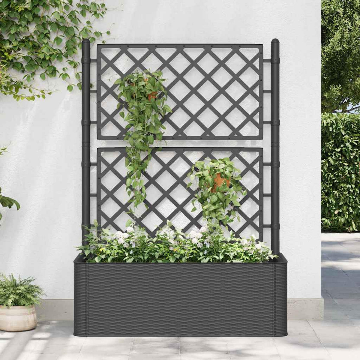 GARTEN-HOCHBEET Mit Spalier Selbstbewässerungssystem Anthrazit - Anthrazit, Kunststoff (43/142/100cm) - vidaXL