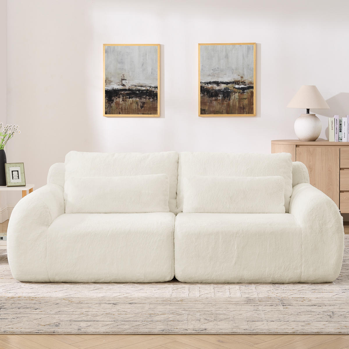 2-SITZER SOFA Kaninchenstil-Kunstfell Beige mit USB und Magazintasche - Beige, Textil (208/81/101cm) - WISHDOR