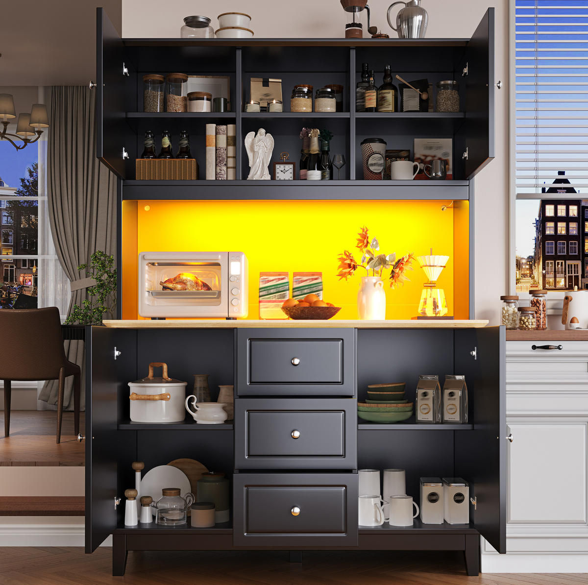 HOCHSCHRANK mit LED-Beleuchtung 120x40x180 cm MDF Schwarz/Natur - Schwarz, Holzwerkstoff (29/180/120cm) - Meubliv