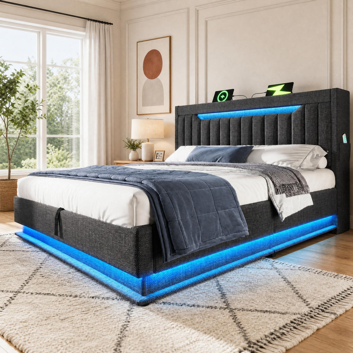 POLSTERBETT 140/200 mit Bettkasten, LED, USB/Type-C und Stauraum-Kopfteil in Grau - Grau, Holzwerkstoff/Textil (140/200cm) - EVRYAE