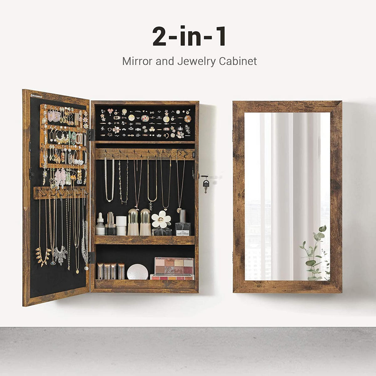 SCHMUCKSCHRANK WANDSPIEGEL HÄNGEND - Braun, Holzwerkstoff (10/37cm) - Hansiro