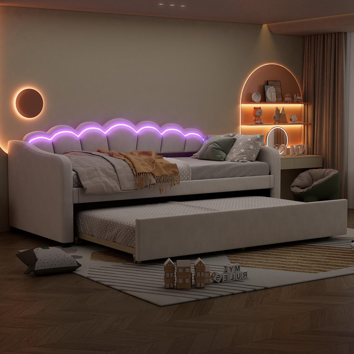 TAGESBETT 90/200 cm Beige mit ausziehbarem Bett und LED-Beleuchtung aus Samt - Beige, Textil (90/200cm) - OKWISH