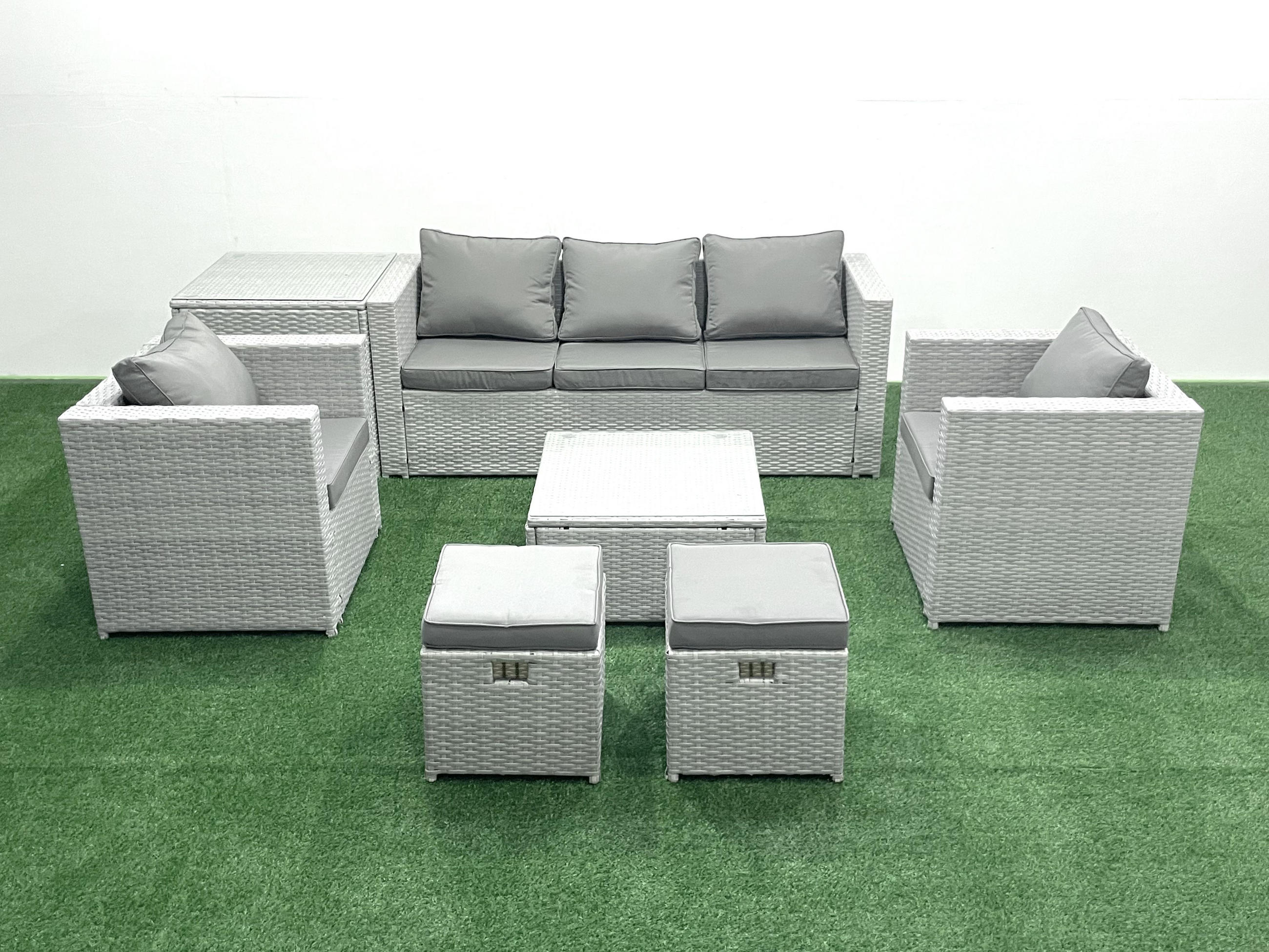 GARTENMÖBEL-SET mit Kissen Polyrattan Hellgrau-Mix 7-Sitzer - Hellgrau/Grau, Glas/Kunststoff - Fimous