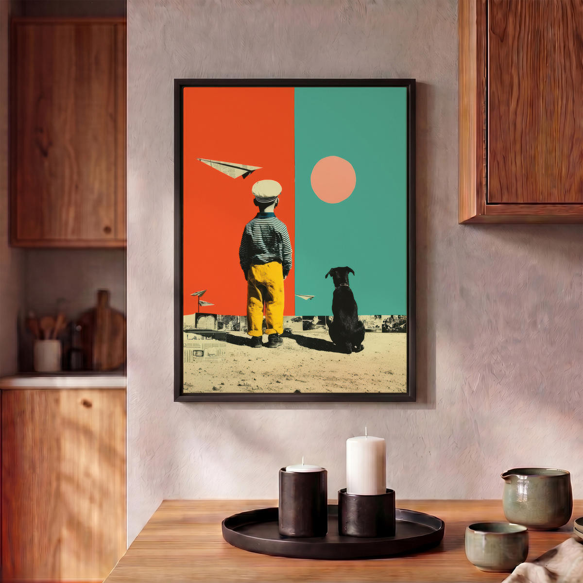 LEINWAND Bilder mit Rahmen - Retro - Junge - Hund - Rot - Grün - 30x40 - Orange, Textil (30/40cm) - MuchoWow