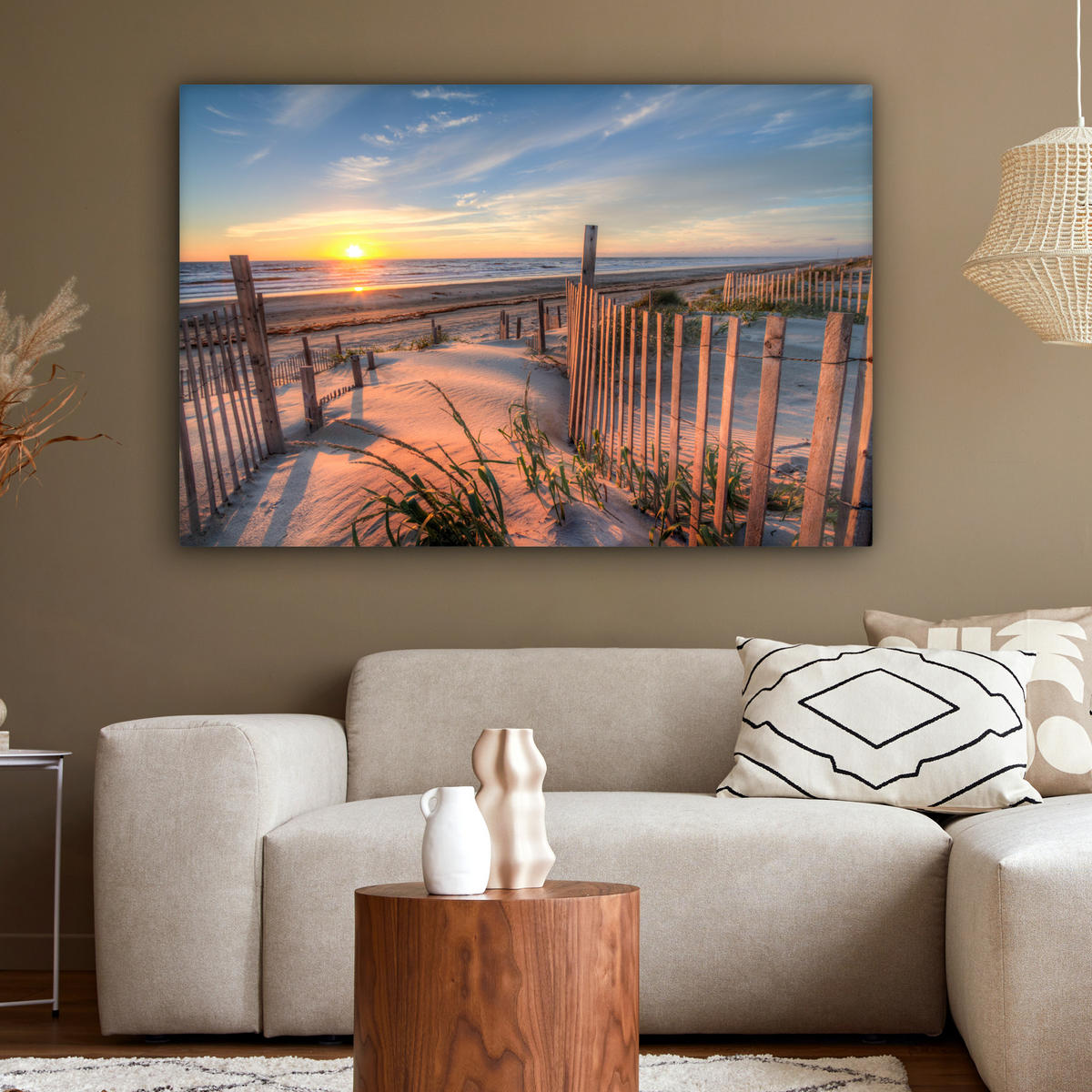 LEINWANDBILD Strand - Meer - Düne - Sonnenuntergang - Landschaft XXL 150x100 cm - Beige, Textil (150/100cm) - MuchoWow