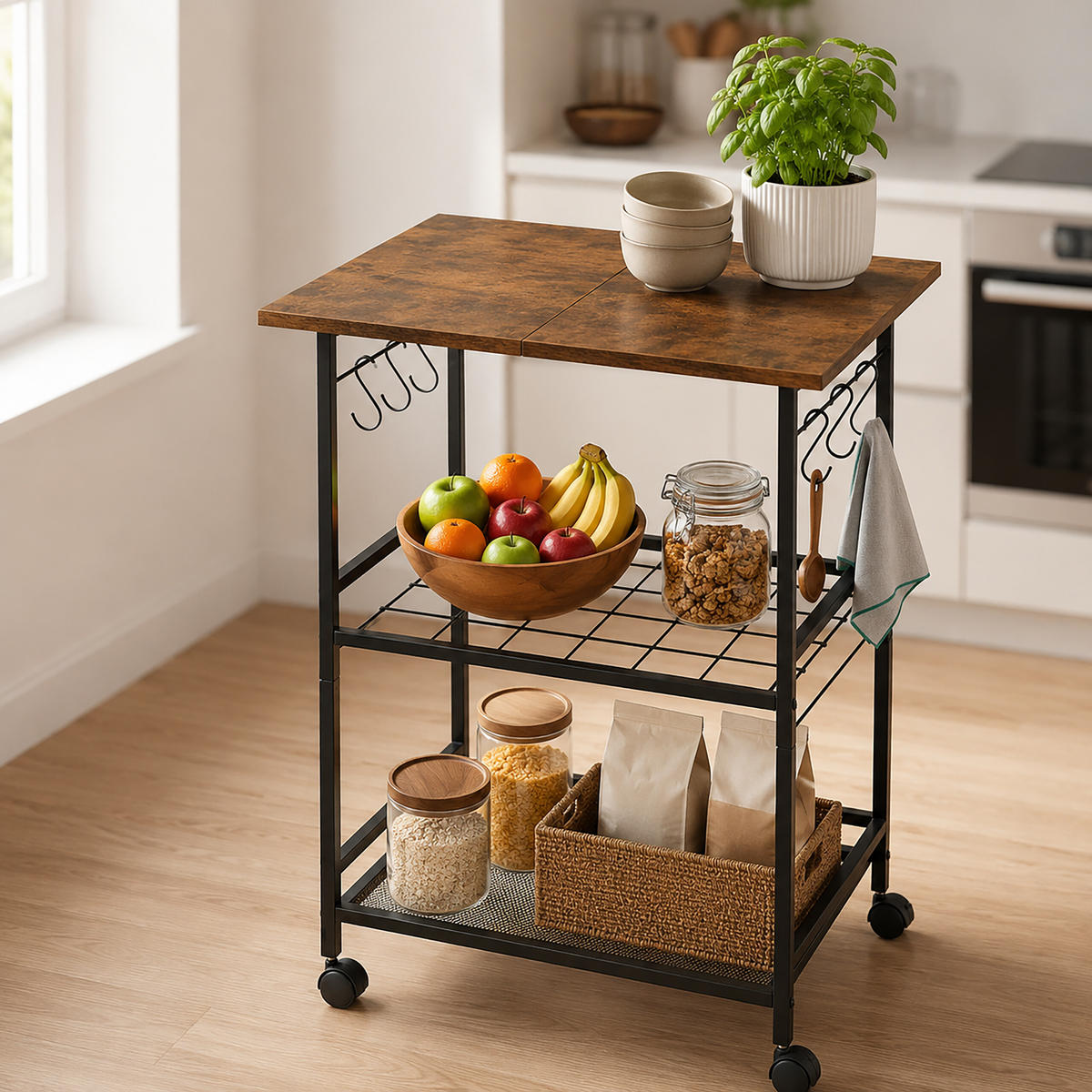 KOLICA vintage smeđa crna 3 razine metal MDF 6 kuka - crna, drvni materijal/metal (52/88/39cm) - Relaxdays