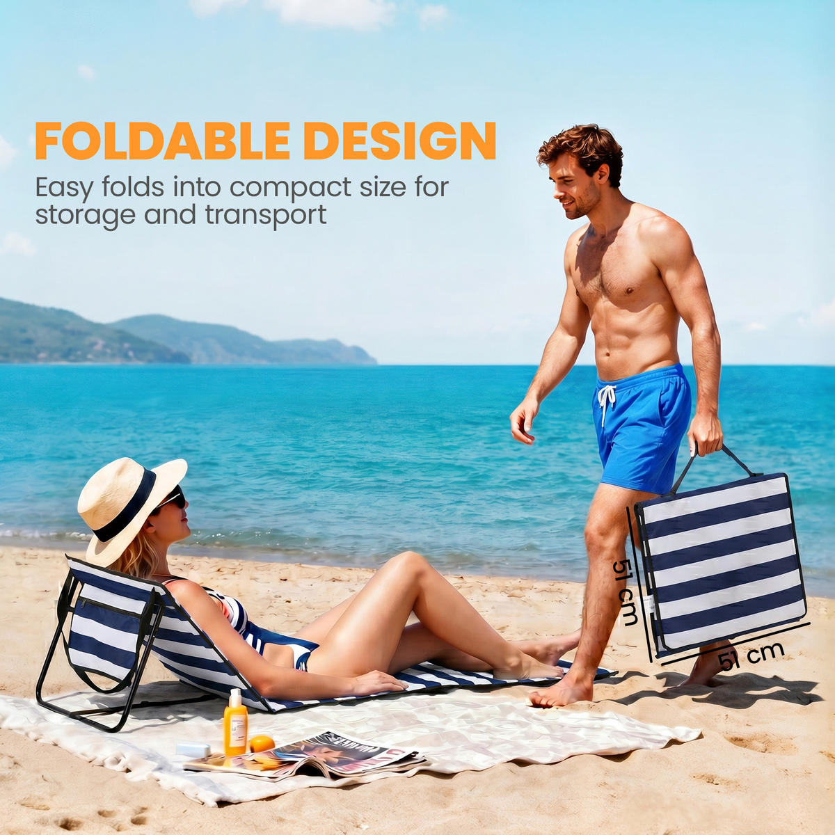 FALTBARE STRANDLIEGE, 142 x 51 x 40 cm, Stahl, Oxford, Blau+Weiß - Blau, Kunststoff (142/40/51cm) - Outsunny