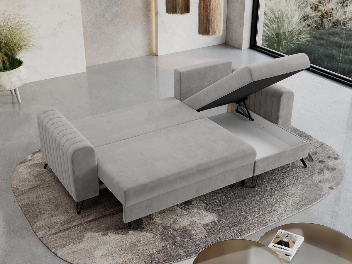 ECKSOFA Axel Velvet Hellgrau - Hellgrau/Schwarz, Textil/Metall (242/140cm) - MKS