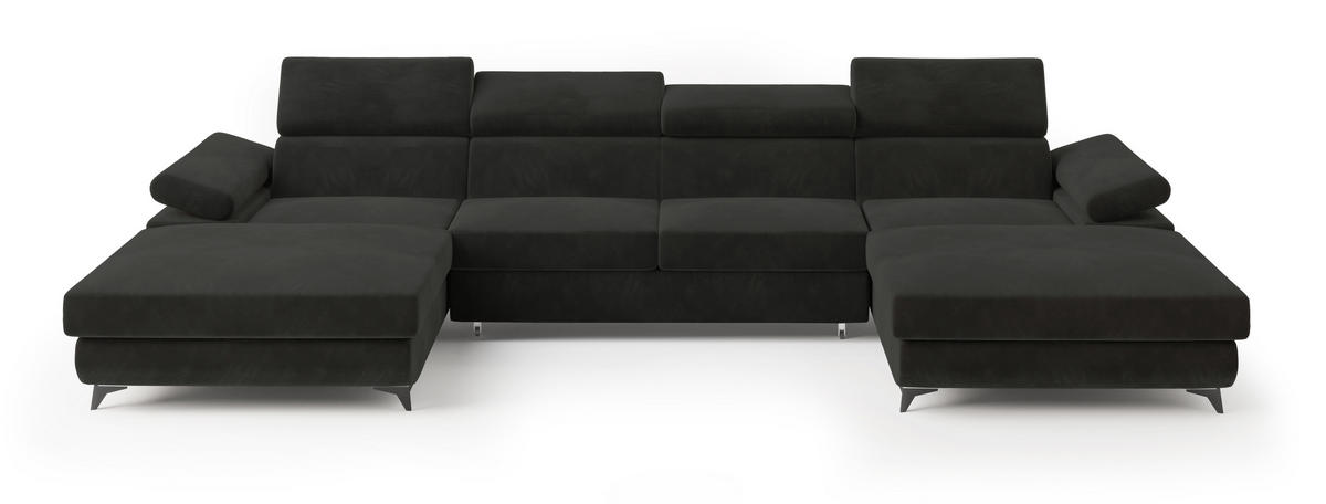 WOHNLANDSCHAFT DETTI Schwarz Velours-Stoff mit Schlaffunktion - Schwarz, Holz (339/89/190cm) - MASSENO