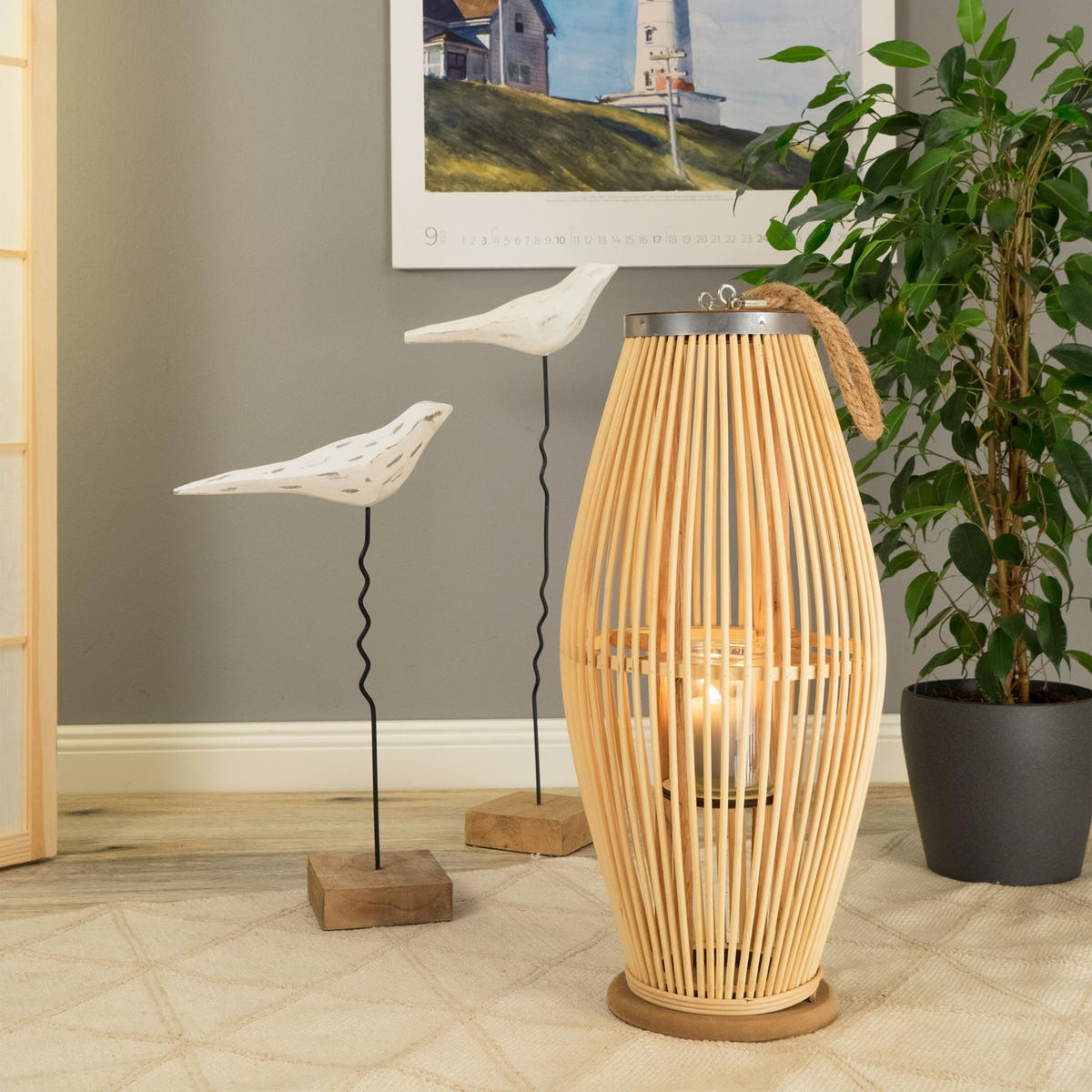 LATERNE Zya 70 Bambus, mit Henkel und Glaseinsatz naturfarben - Naturfarben, Holz (30/70/30cm) - CREEDWOOD