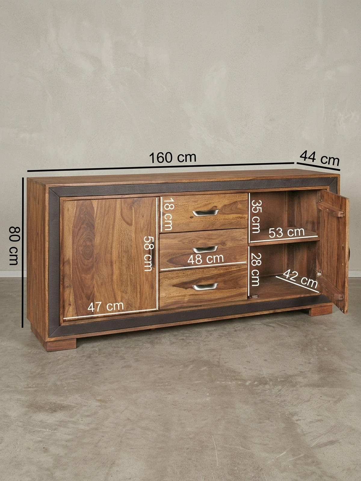 SIDEBOARD – Massivholz, Kunstleder, 160x44x80 cm, rustikal - Braun, Holz (160/80/44cm) - KADIMA DESIGN