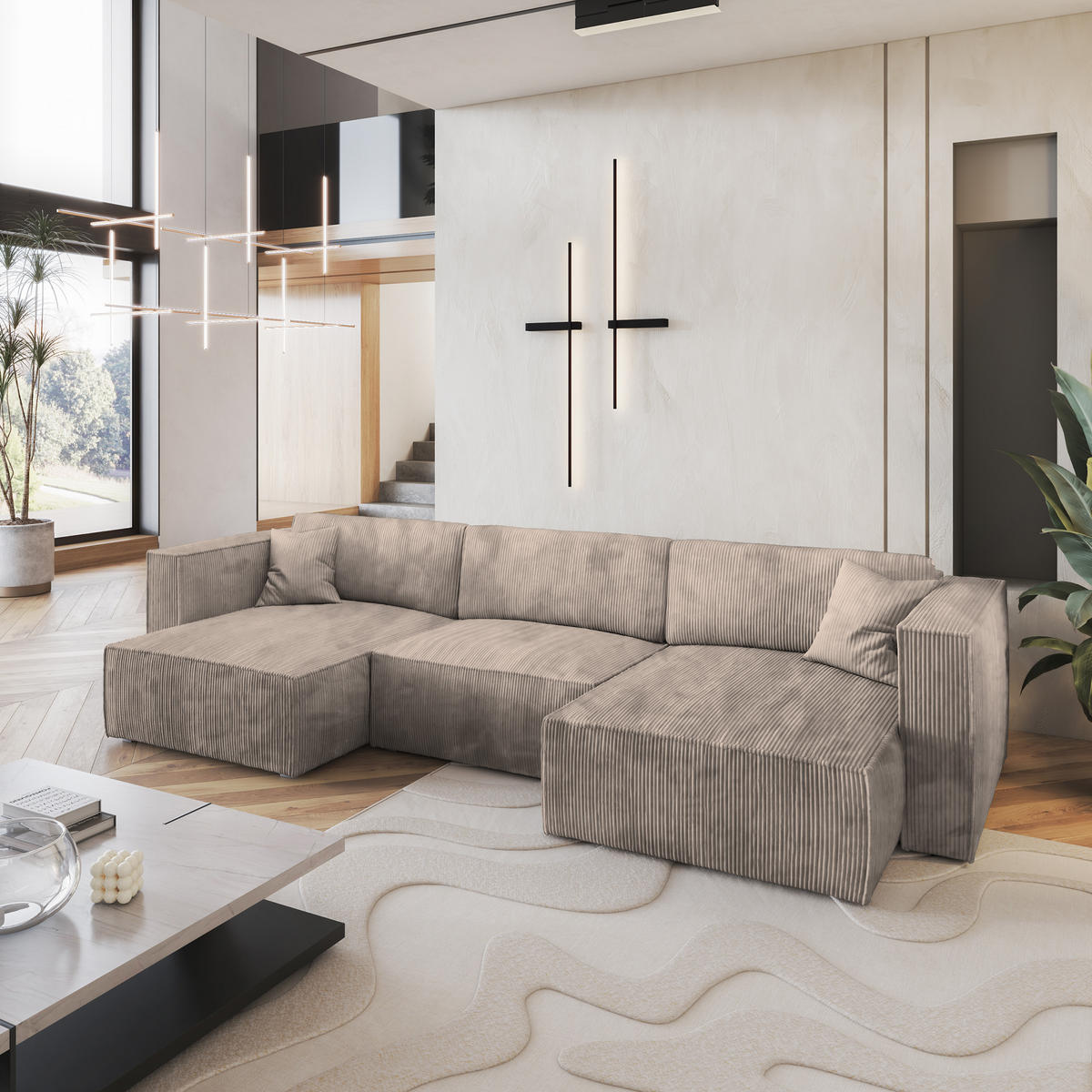 WOHNLANDSCHAFT SARMO P Beige Kordstoff mit Schlaffunktion - Beige, Holz (347/70/148cm) - MASSENO