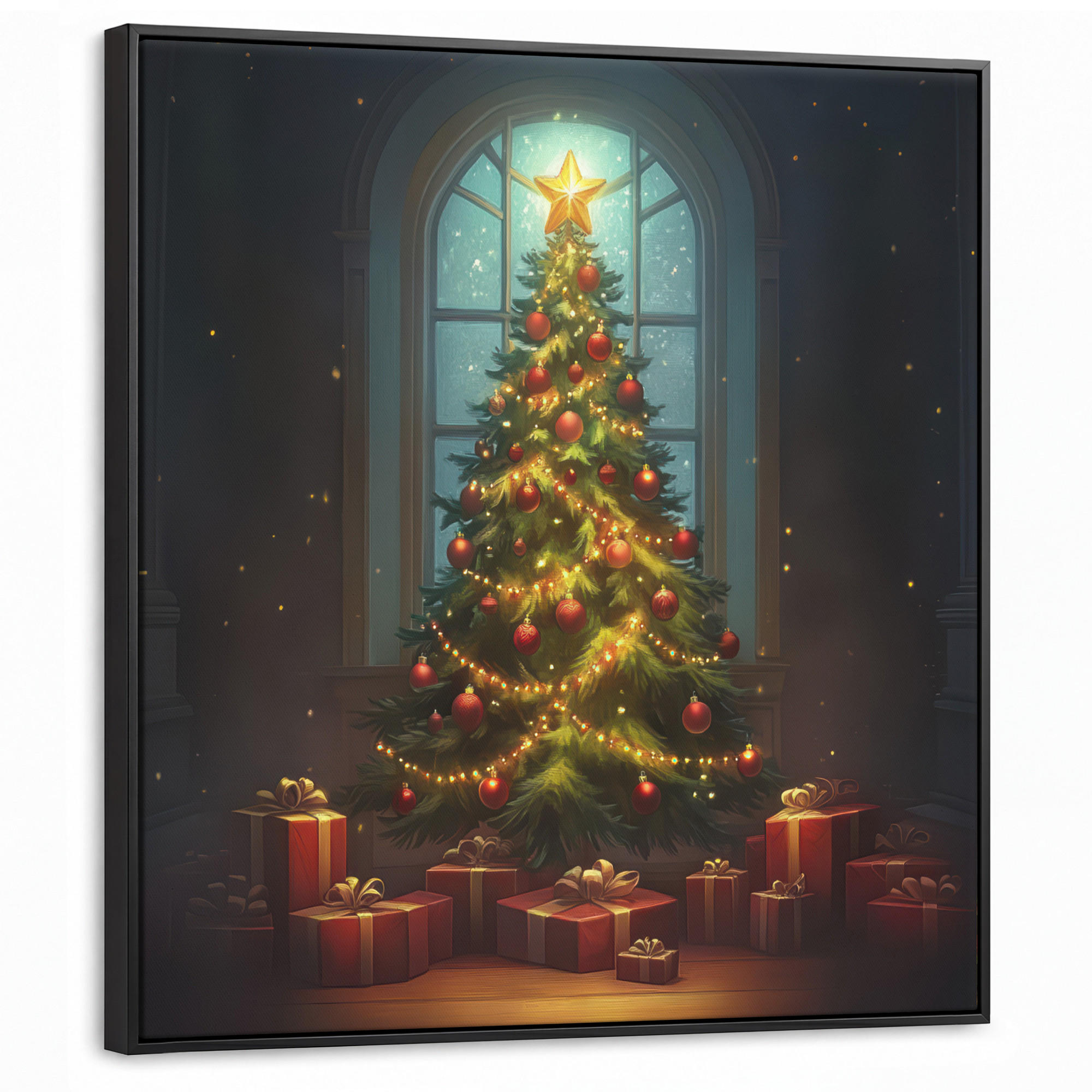 LEINWAND Bilder mit Rahmen - Weihnachtsbaum - Geschenk - Winter - 90x90 - Grün, Textil (90/90cm) - MuchoWow