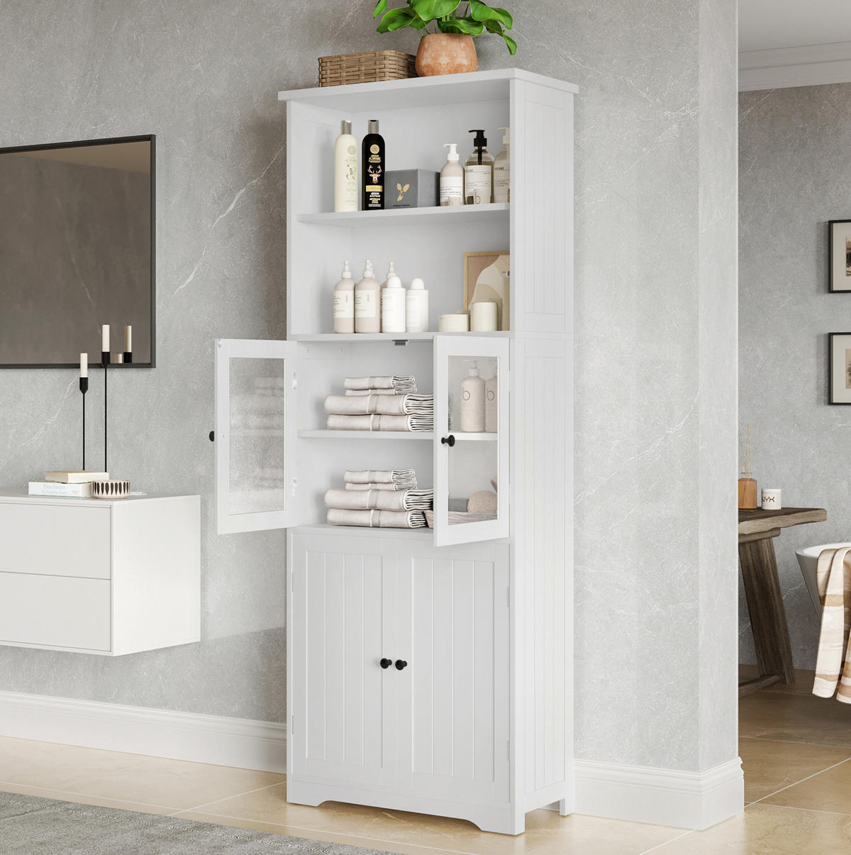 BADEZIMMER-HOCHSCHRANK 57.4x28.5x160cm in Weiß, feuchtigkeitsbeständig mit 4 Türen - Weiß, Holzwerkstoff (57.4/160/28.5cm) - Modfu