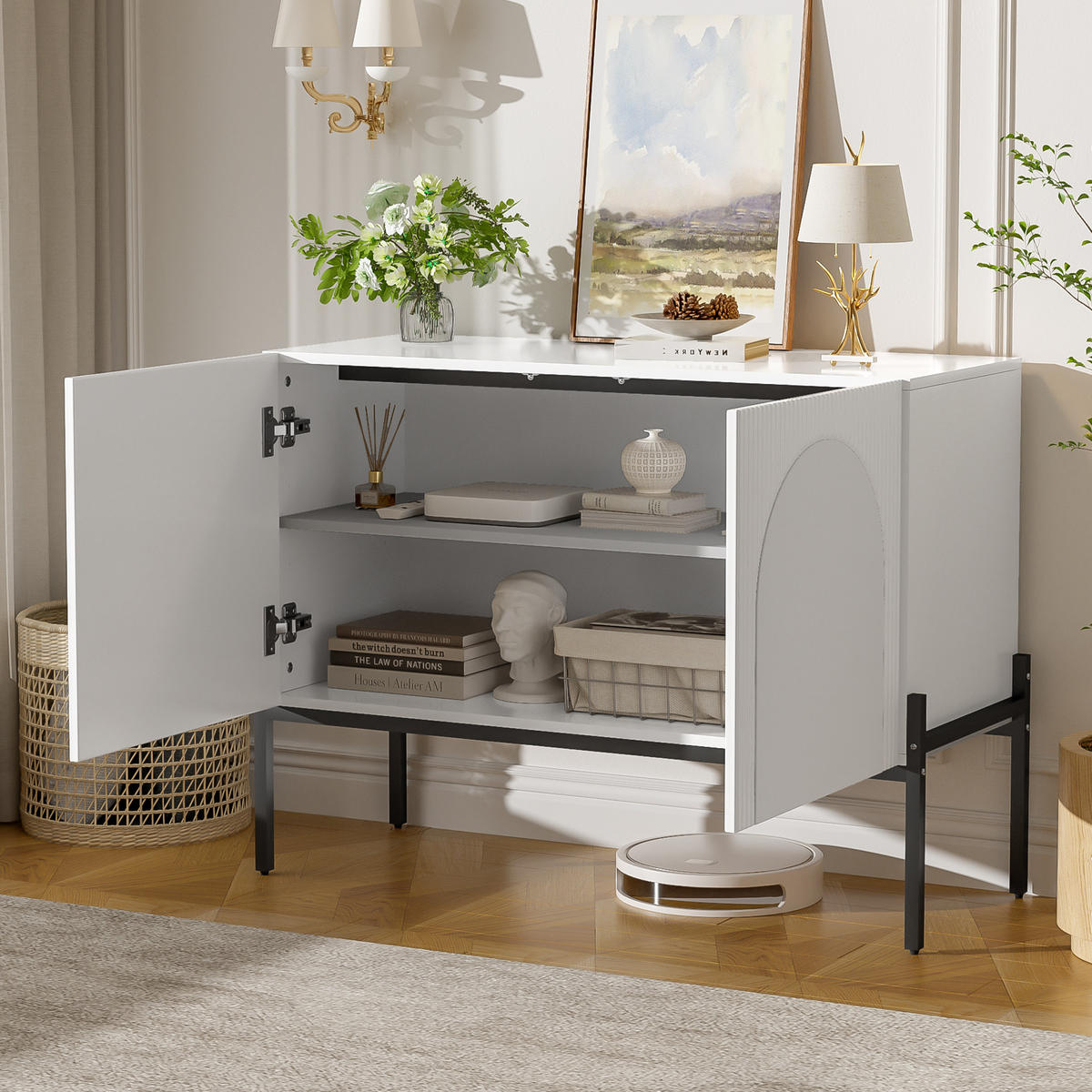 SIDEBOARD Weiß 2 Türen Metallbeine Bogen Design 100cm Modern - Weiß, Holzwerkstoff (100/75/40cm) - FLIEKS