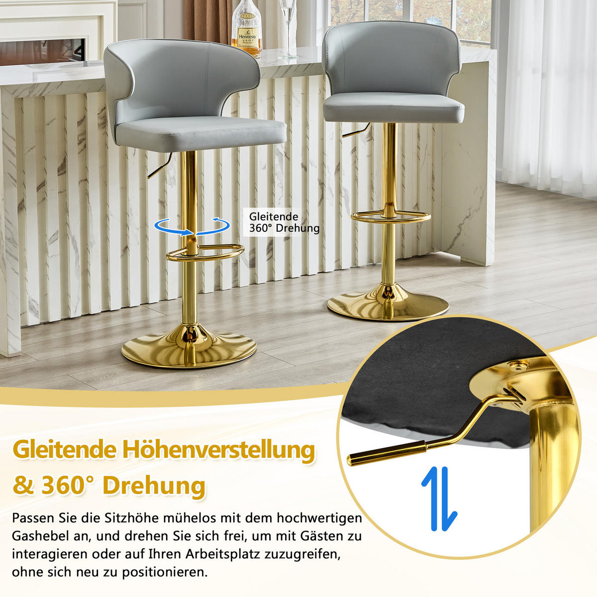 BARHOCKER 2er-Set höhenverstellbar drehbar PU Light Gray - Hellgrau, Metall (45/110/49.7cm) - Meubliv