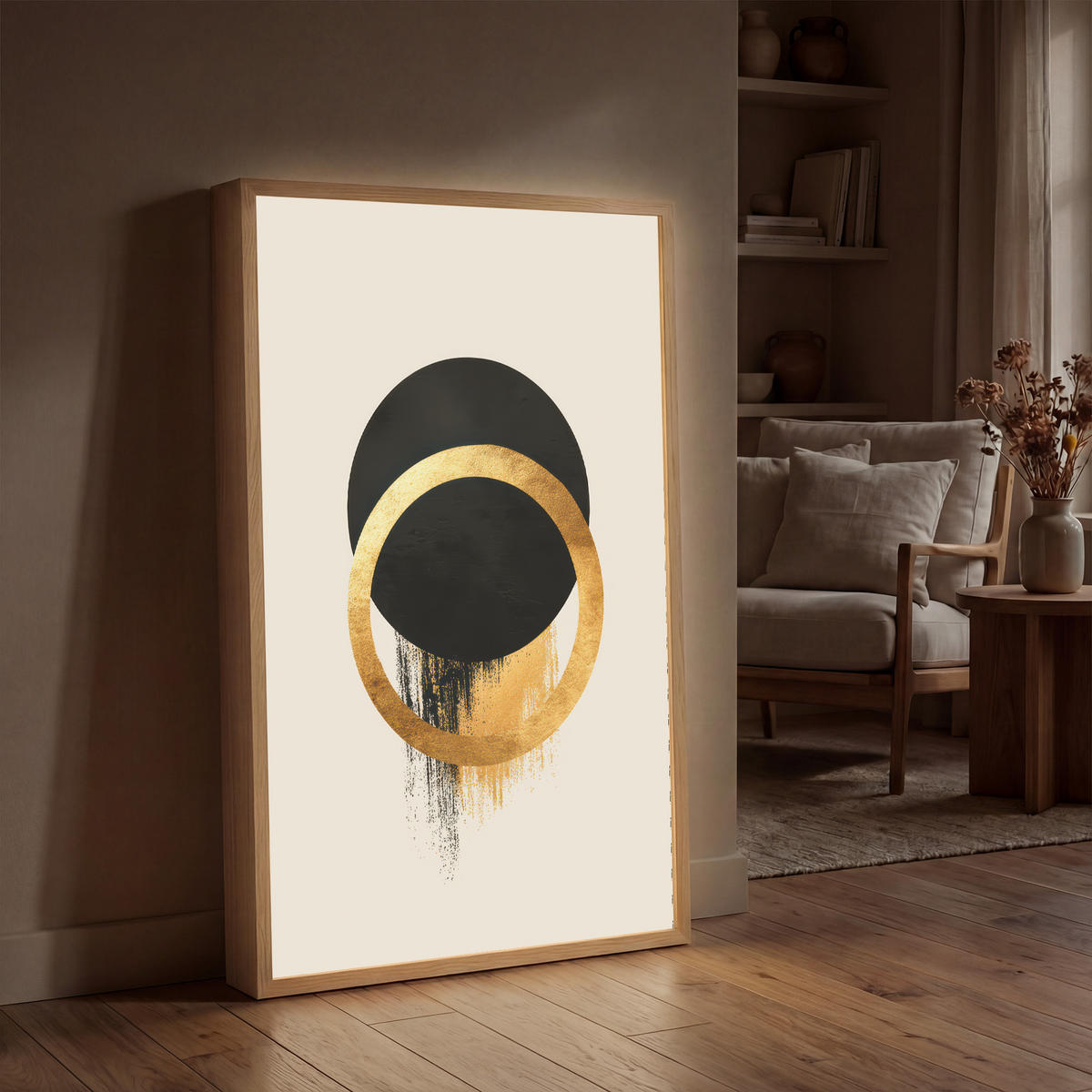 WANDLEUCHTE MIT AKKU Abstraktes Design - Schwarzer Kreis - Farbflecken 70x100 cm - Creme, Holzwerkstoff (70/100/8cm) - OnlyWow