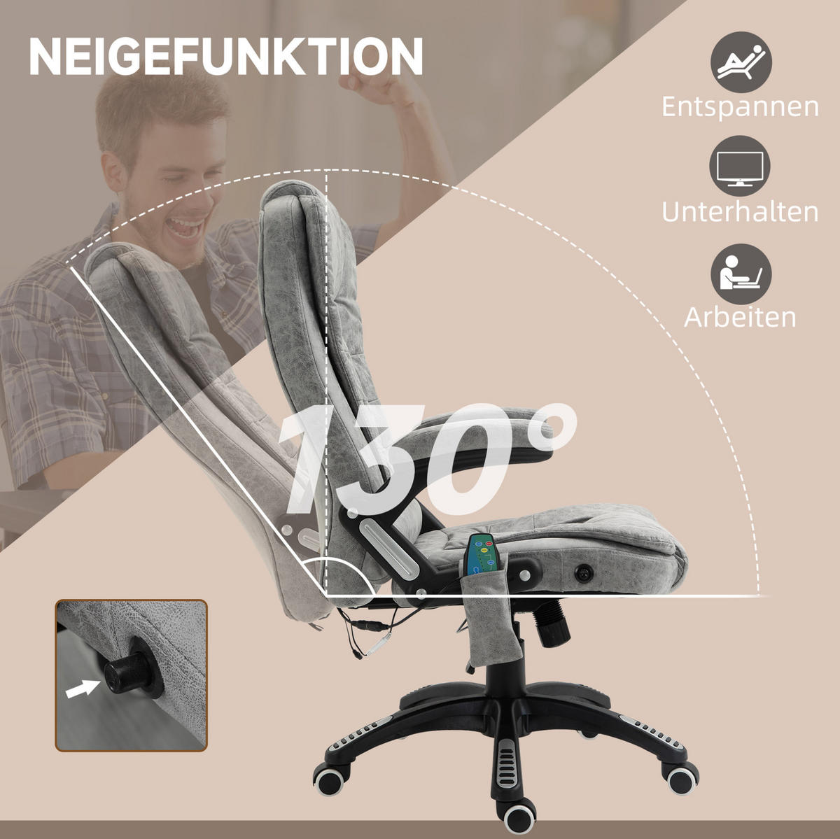 CHEFSESSEL in Grau 72x68x120 cm mit Massage- und Wärmefunktion, höhenverstellbar - Grau, Textil (68/120/72cm) - IVMEU