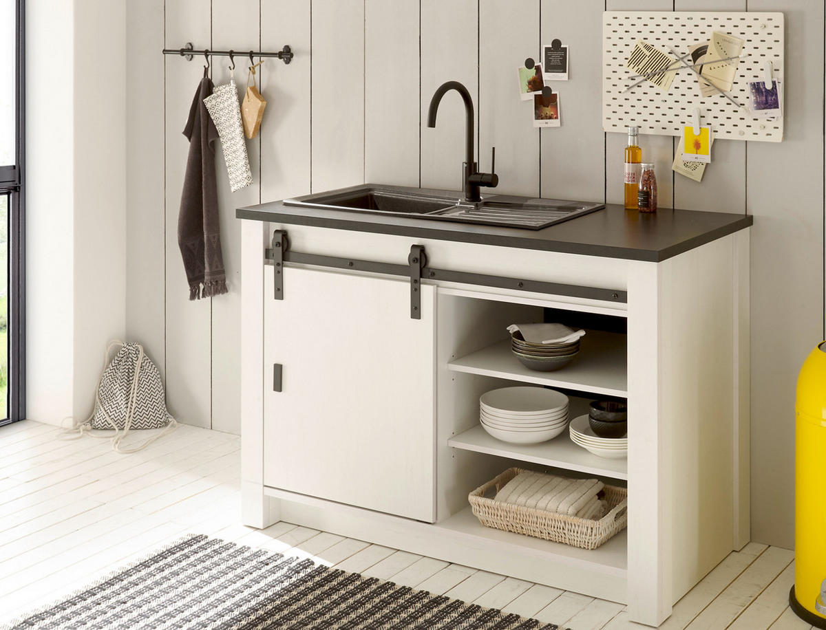 KÜCHENSCHRANK weiß Pinie, anthrazit Landhaus, Küche Unterschrank für Spüle oder Kochfeld - Anthrazit/Schwarz, Holzwerkstoff/Metall (133/93/64cm) - Furn.Design