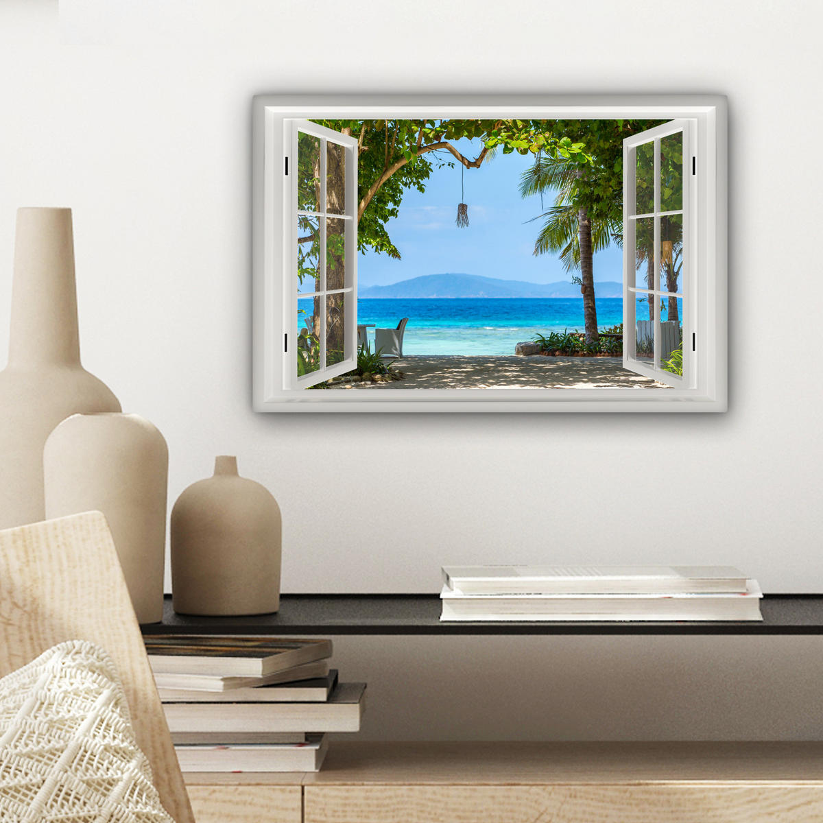 LEINWANDBILD Aussicht - Baum - Meer - Palme - Hügel - Strand - Blau 30x20 cm - Blau, Textil (30/20cm) - MuchoWow