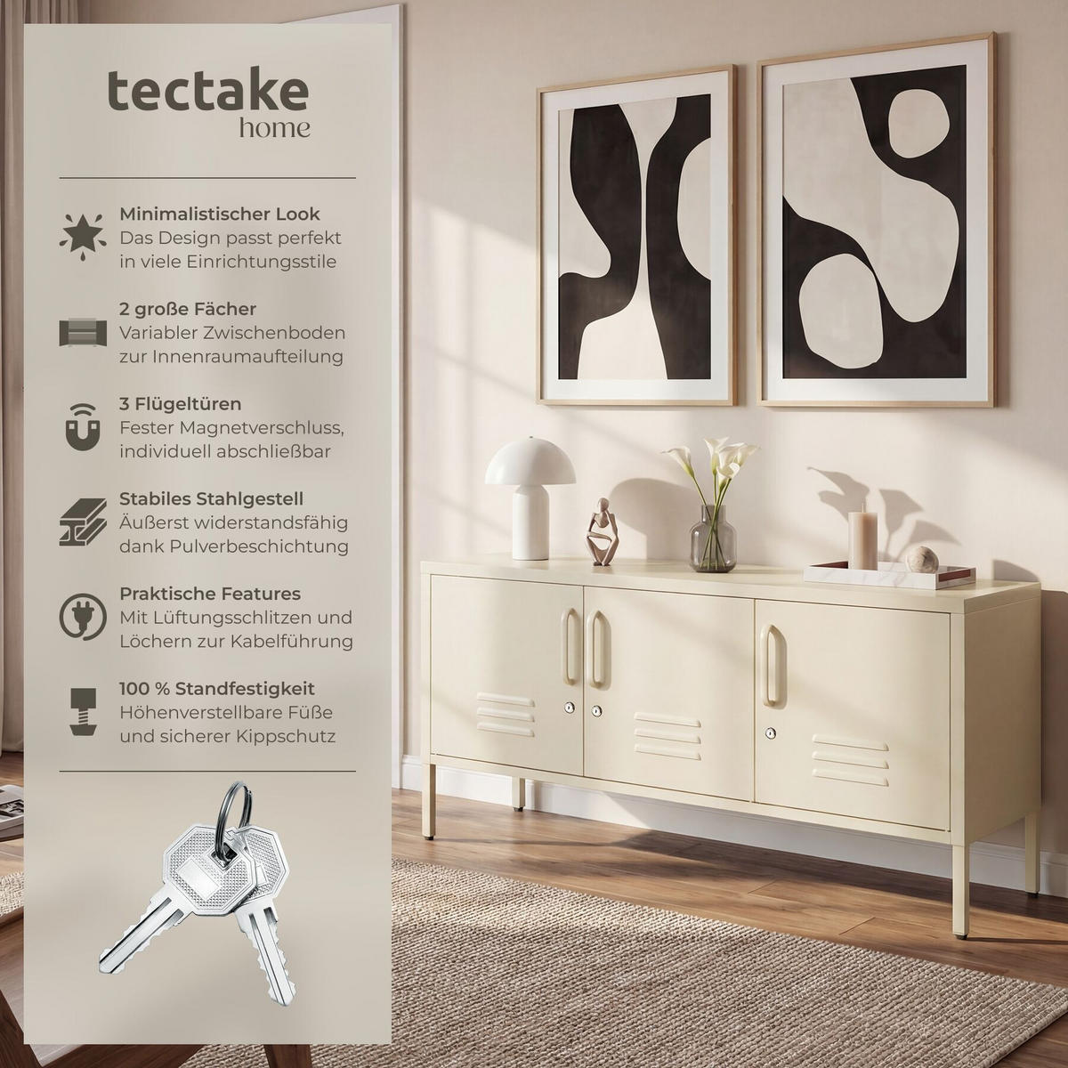 SIDEBOARD Baker, Kippschutz, höhenverstellbare Füße, creme - Creme, Metall (120/55.5/37.5cm) - tectake