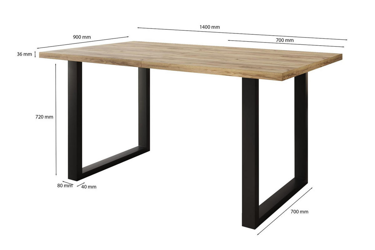 TISCH Schwarz SOFTI U Loftowy Nicht Ausziehbar 140x90 cm - Eichefarben/Schwarz, Holzwerkstoff (90/90/75.6cm) - Sepro Meble