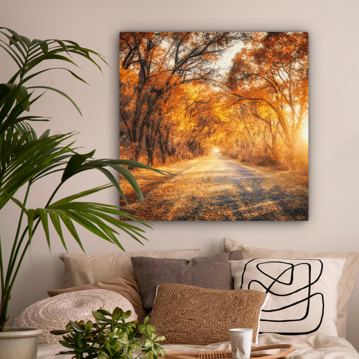 LEINWANDBILD Wald - Herbst - Bäume - Waldweg - Natur 90x90 cm - Bernsteinfarben, Textil (90/90cm) - MuchoWow