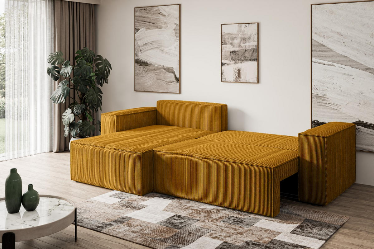 ECKSOFA mit Schlaffunktion und Bettkasten CELTIC-XL - 277x143x83 cm Senfgelb Cord - Gelb/Schwarz, Holzwerkstoff/Kunststoff (277/143cm) - ALTDECOR