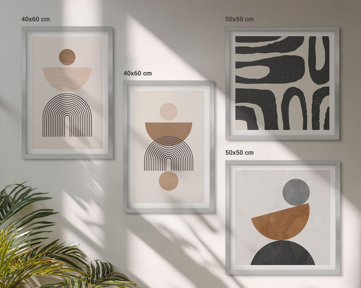 BILDER SET 4er Set - 50x50 cm & 40x60 cm Silberner Rahmen - Abstraktes Boho-Design - Silberfarben, Kunststoff (50/50cm) - TULUP