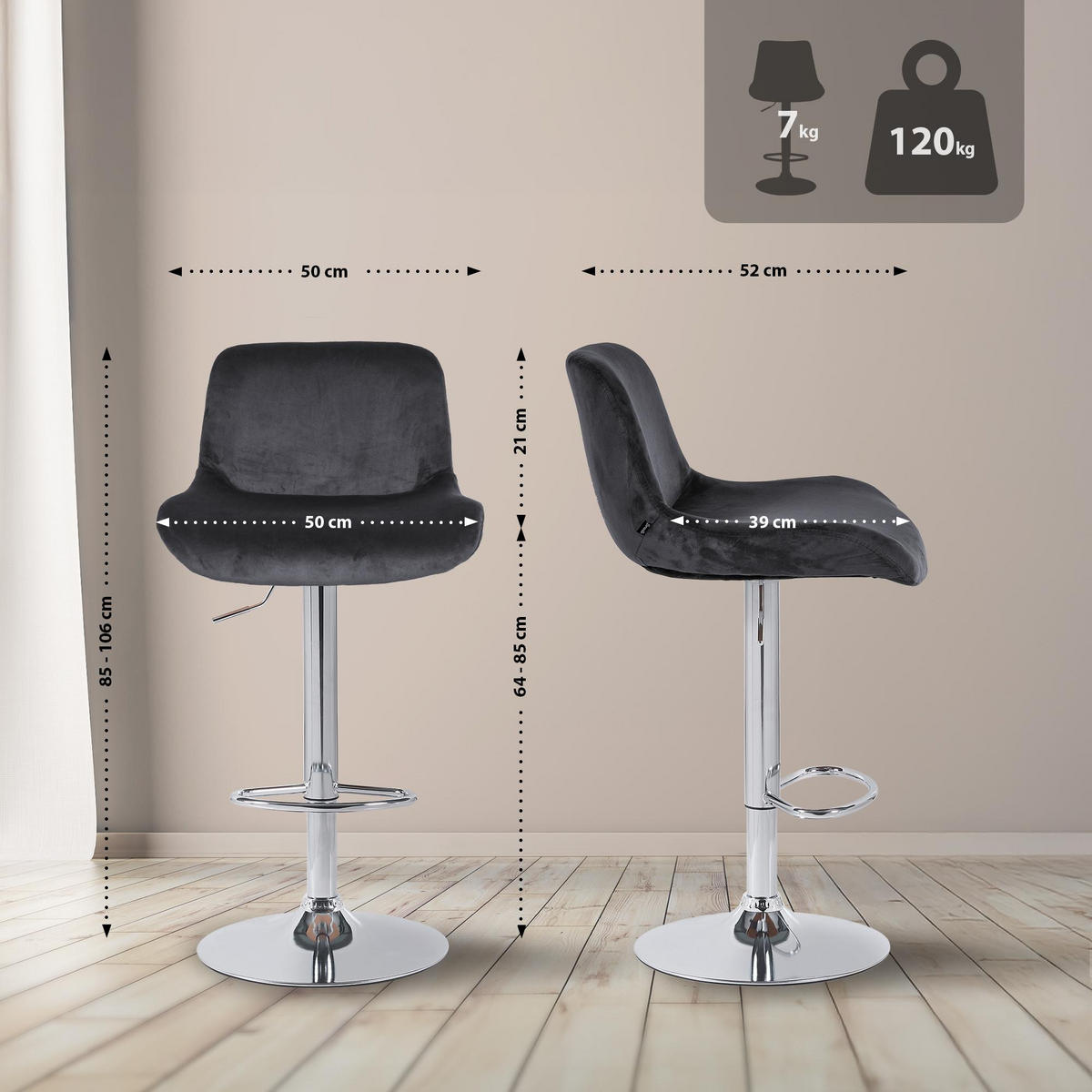 BARHOCKER 2er Set Samt Schwarz - Chromfarben/Schwarz, Textil/Metall (50/85/50cm) - CLP