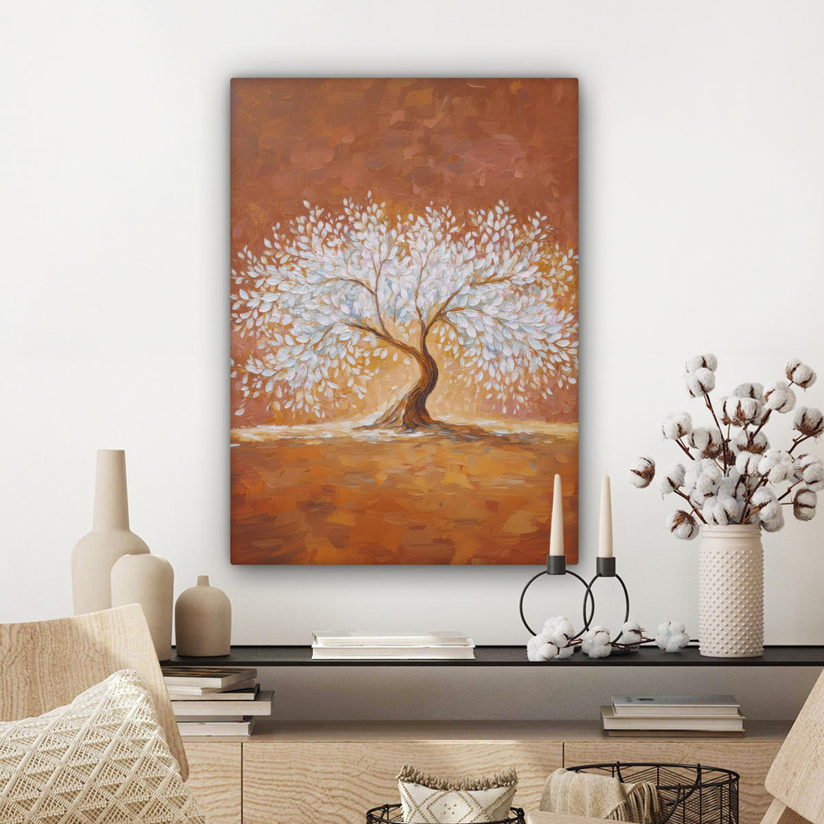 LEINWANDBILD Abstrakt - Baum - Weiß - Blätter Wandbild Wohnzimmer 60x80 cm - Braun, Textil (60/80cm) - MuchoWow