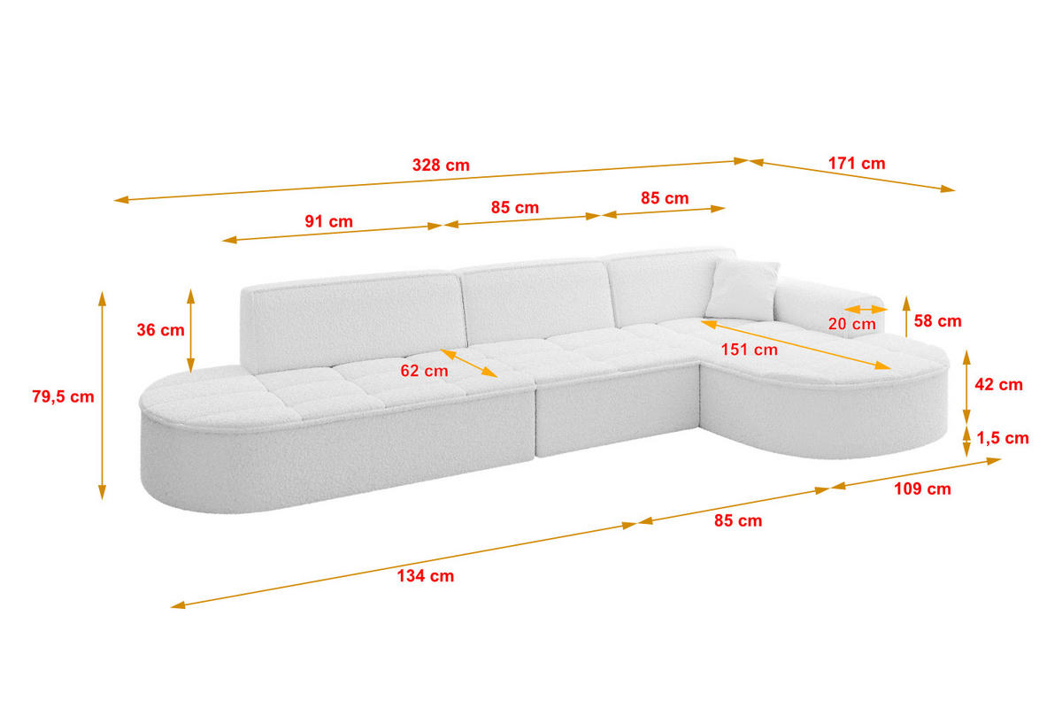 ECKSOFA Ottomane Rechts TARO-L2 - 328x171x79,5 cm Weiß - Weiß, Holzwerkstoff/Textil (328/171cm) - ALTDECOR