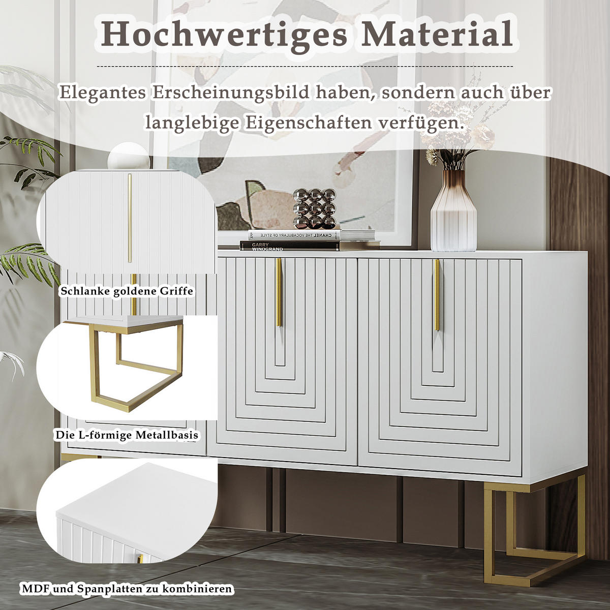 SIDEBOARD in Weiß Anrichte mit 3 Türen und verstellbaren Regalen für Esszimmer und Küche, B138/T40/H80.5 cm - Goldfarben/Weiß, Holzwerkstoff/Metall (138/80.5/40cm) - STILVORA
