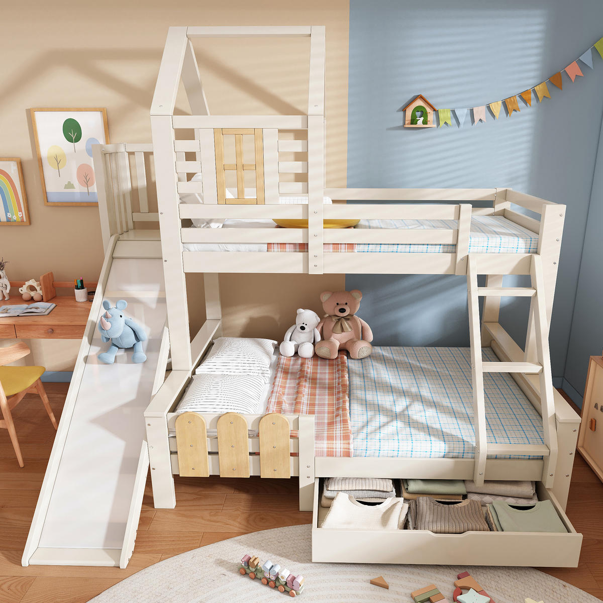 ETAGENBETT 90/200 cm Weiß aus Metall und Holz mit Rutsche Schublade und Leiter - Weiß, Metall (90/200cm) - OKWISH