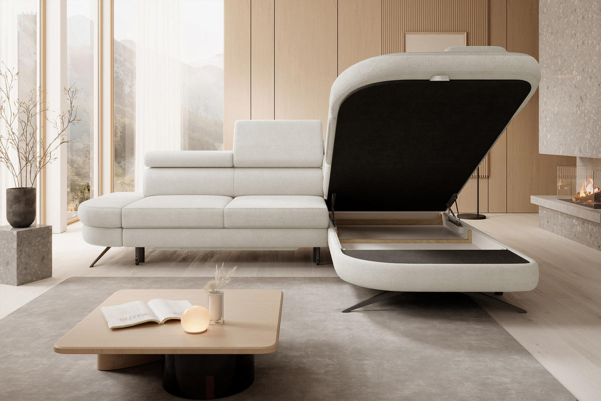 ECKSOFA OTIS L-förm, Schlaffunktion, verstellbare Kopfstützen, in AURORA-Stoff, lose Rückenkissen, freistehend, RECHTS 276x218x97 cm White - Weiß, Holz/Textil (276/218cm) - DomoHome