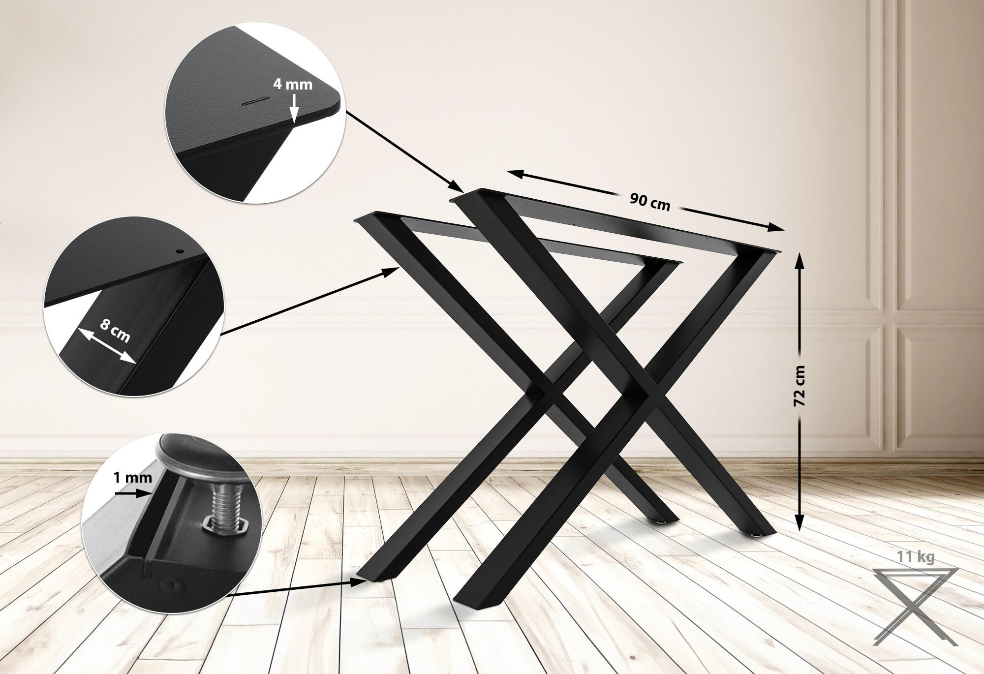 TISCHBEIN 2er Set Metall schwarz - Schwarz, Metall (8/72/70cm) - CLP