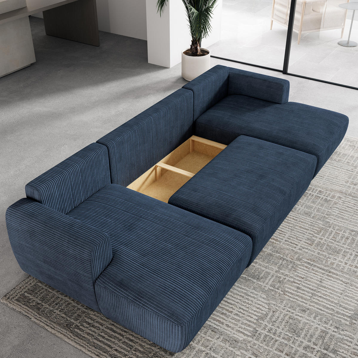 WOHNLANDSCHAFT SENTUM P Blau Kordstoff mit Schlaffunktion - Blau, Holz (330/90/148cm) - MASSENO