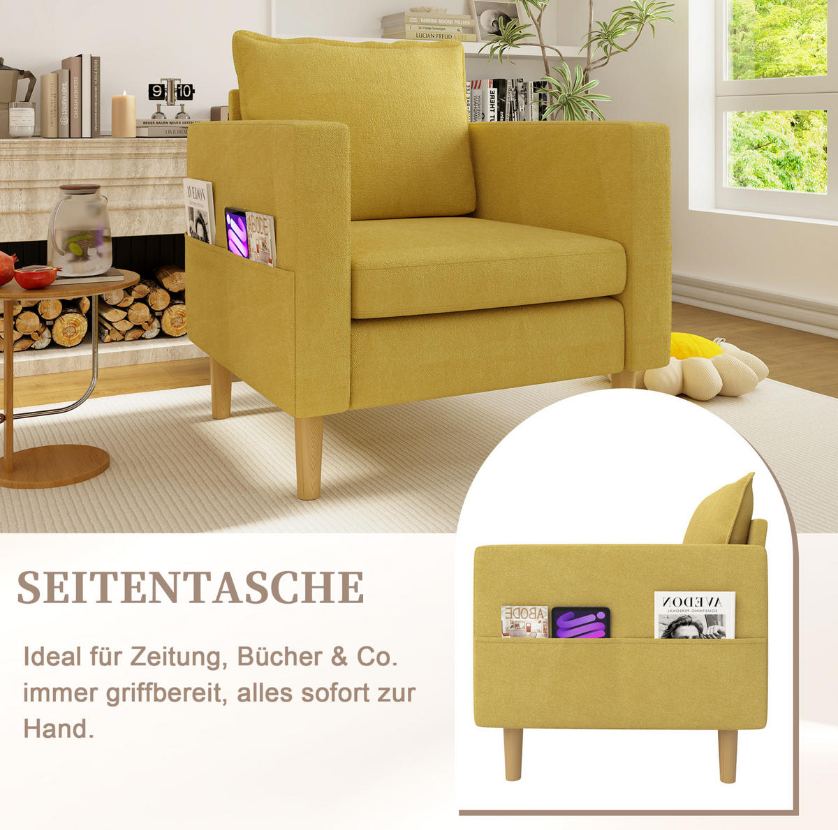 SESSEL 71/68/82 cm in Senfgelb aus Chenille mit Seitentasche - Currygelb, Textil (71/82/68cm) - BEAOK