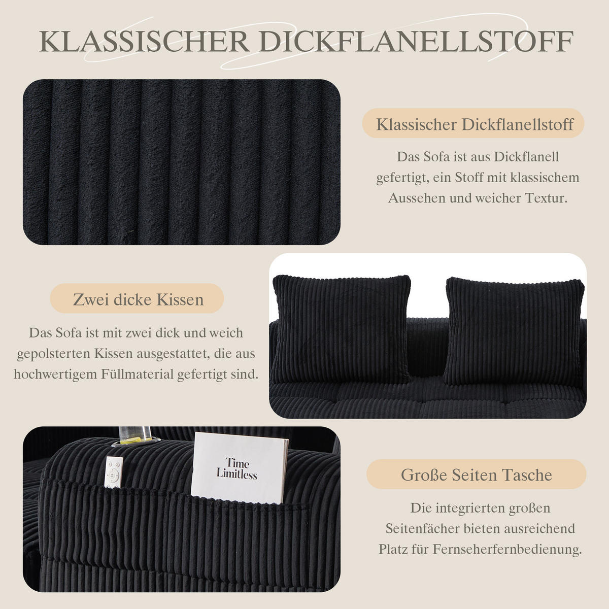 2-SITZER-SOFA 158/93/61 cm schwarz aus Cord mit Seitenfächern und Becherhaltern - Schwarz, Textil (93/61/158cm) - Modenvie