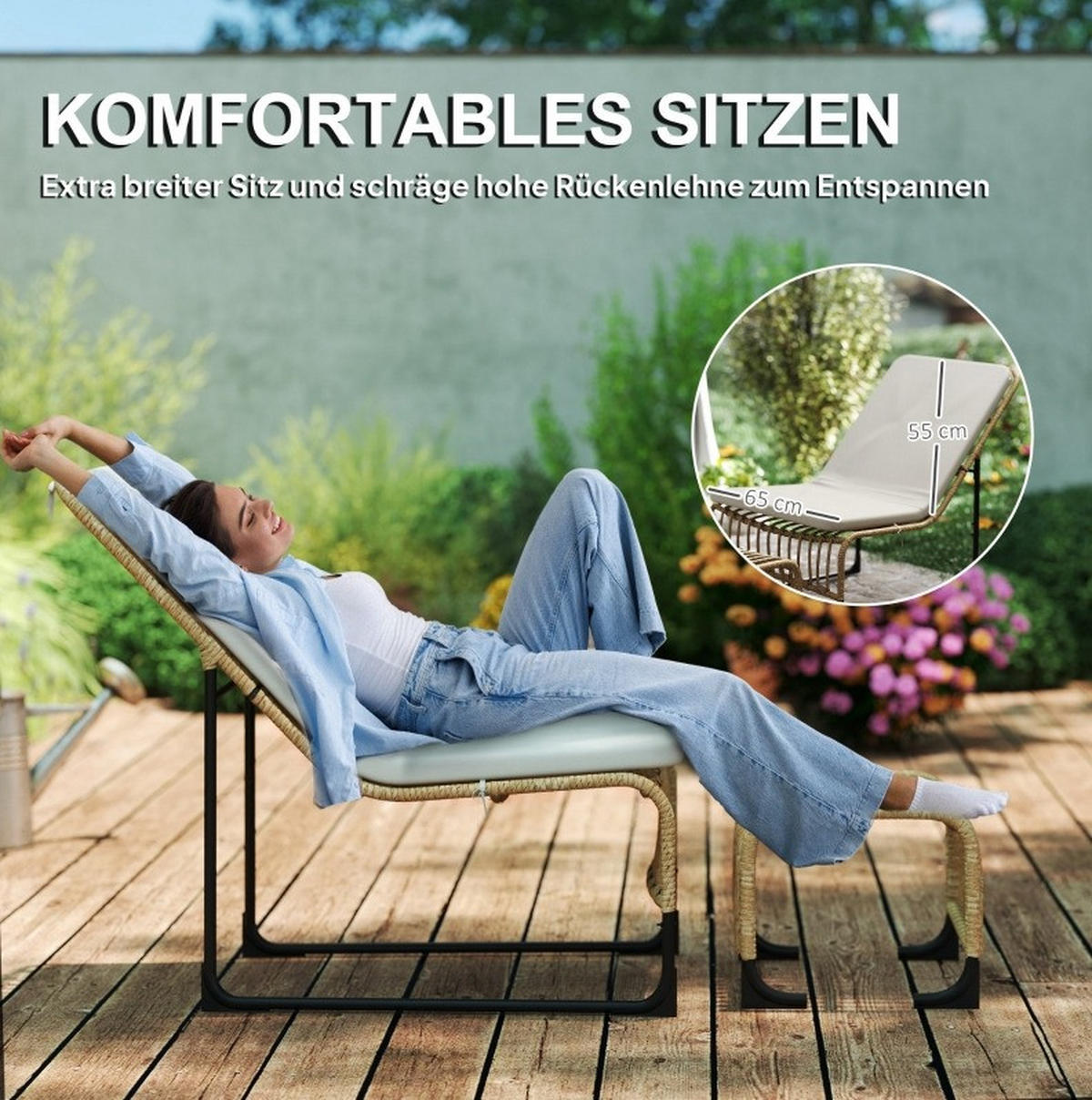GARTENSESSEL-SET 65/93/80 cm mit Fußhocker, Kissen und UV-beständigem Rattan, Cremeweiß - Beige, Metall (65/80/96cm) - Redom