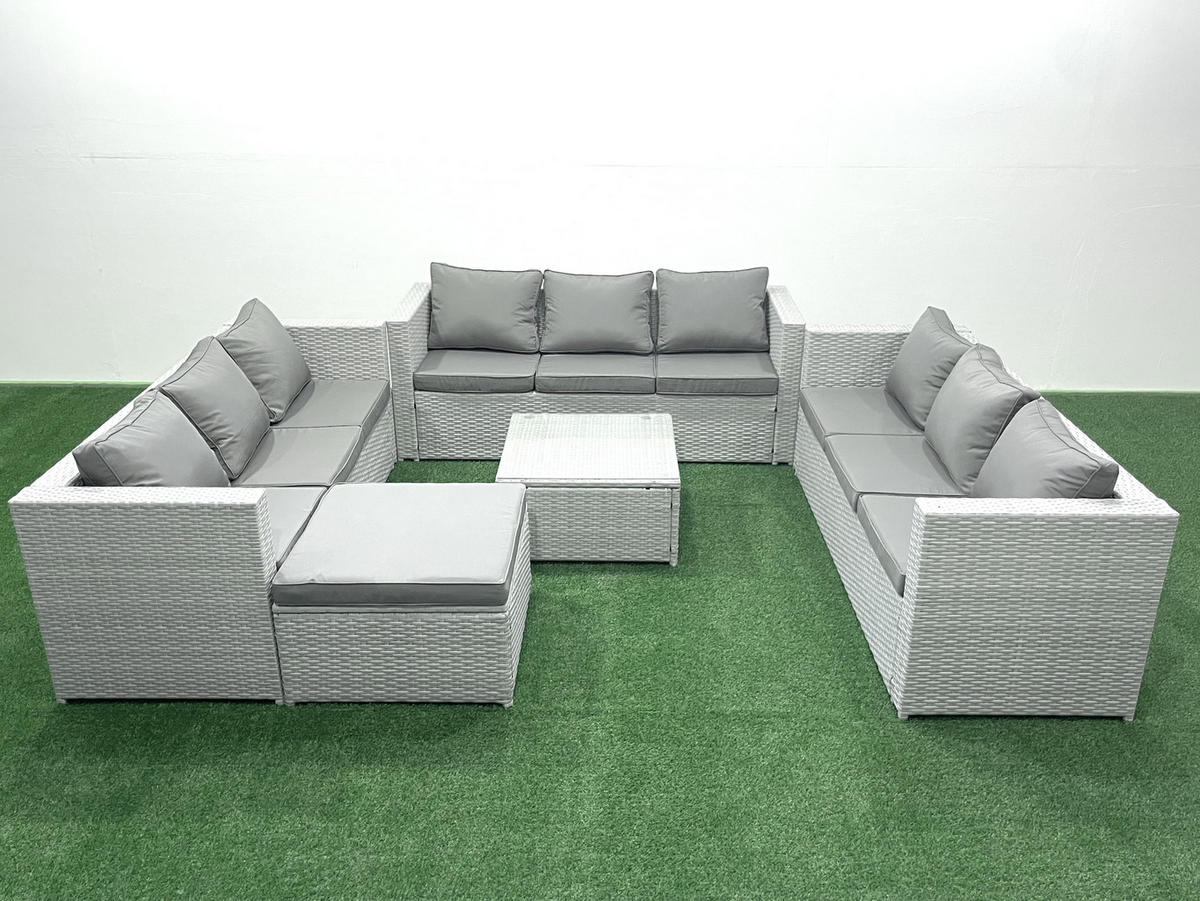 GARTENMÖBELSET mit 3-SITZER SOFA,COUCHTISCH Polyrattan Hellgrau-Mix 10-Sitzer - Hellgrau/Grau, Glas/Kunststoff - Fimous