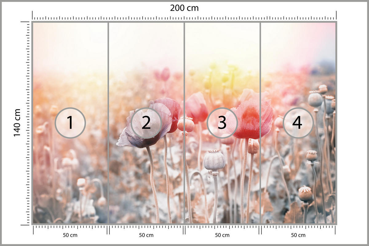 FOTOTAPETE für Wohnzimmer Mohnfeld Wiese Sonnenaufgang Natur 200x140 - Gelb/Rot, Papier (200/140cm) - Muralo