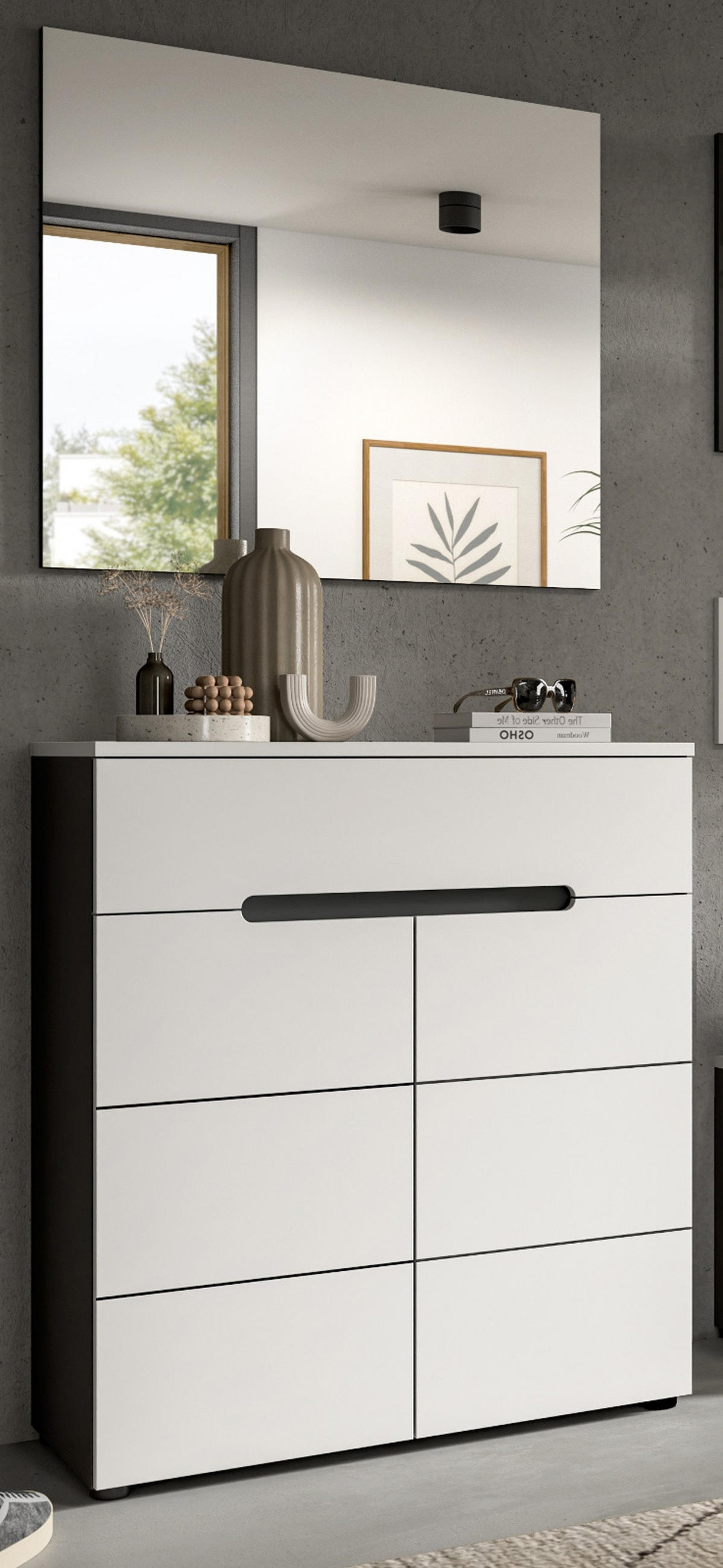 GARDEROBEN-SET 2-teilig weiß, grau, Schuhkommode und Spiegel mit Soft-Close, Cooper - Schwarz/Weiß, Glas/Holzwerkstoff (80/190/37cm) - Inn.Furn