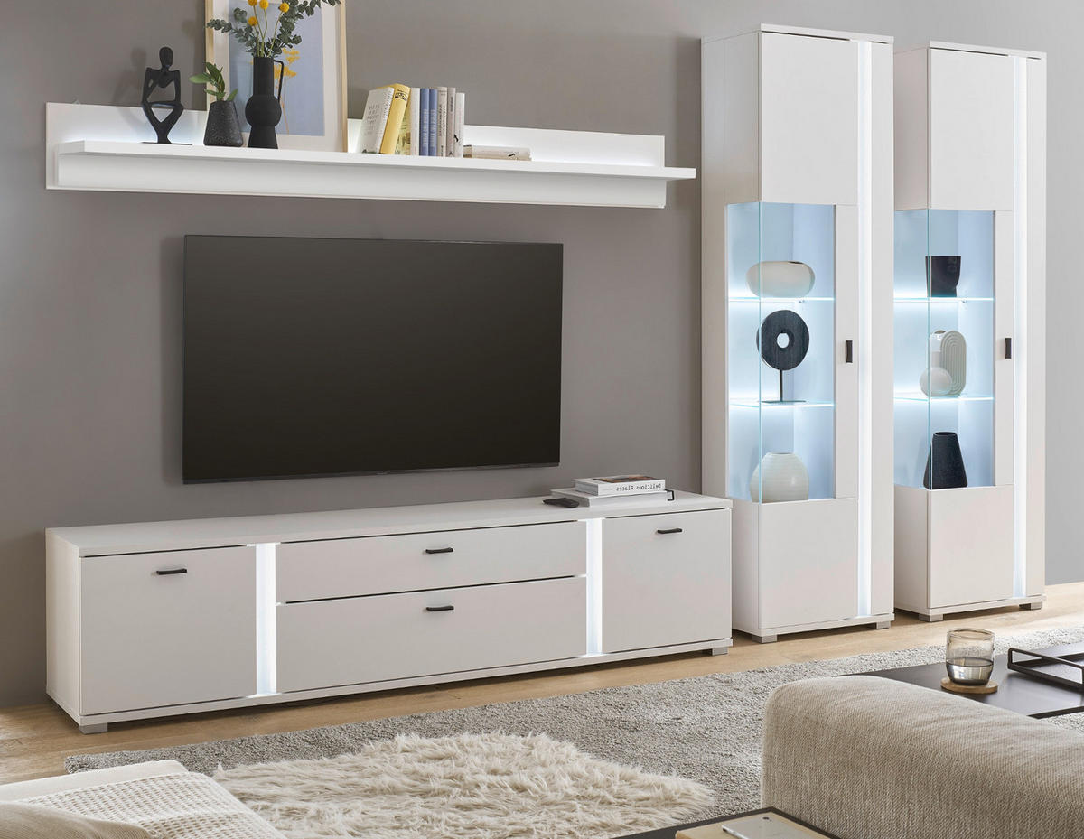 WOHNWAND weiß matt, Wohnkombination inklusive Frontbeleuchtung 330 x 200 cm - Weiß, Holzwerkstoff (330/200/42cm) - Furn.Design