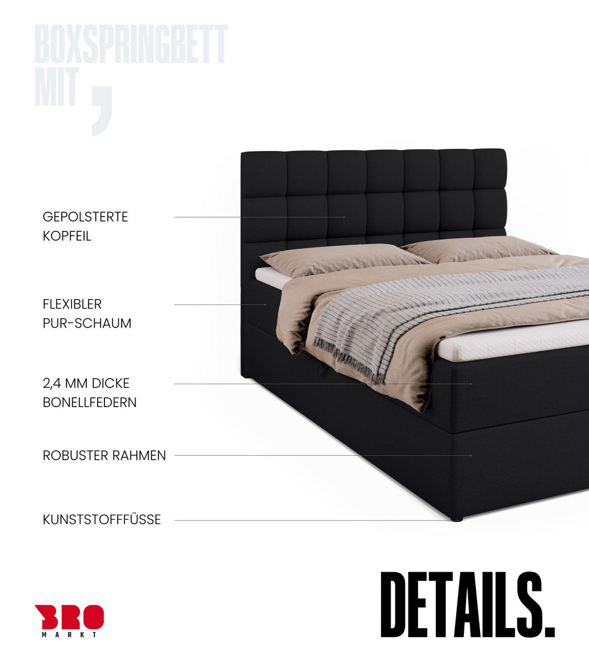 BOXBETT Dakota mit Topper 140/200 Schwarz - Schwarz, Textil (140/200cm) - Bromarkt